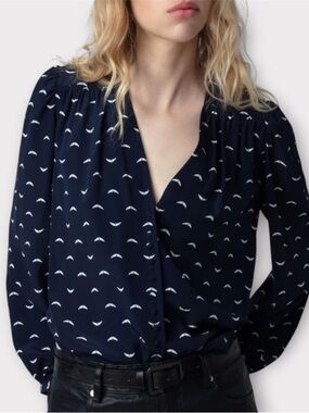 ZADIG & VOLTAIRE NWT Turin 100% Silk Blouse in Marine. Size Small